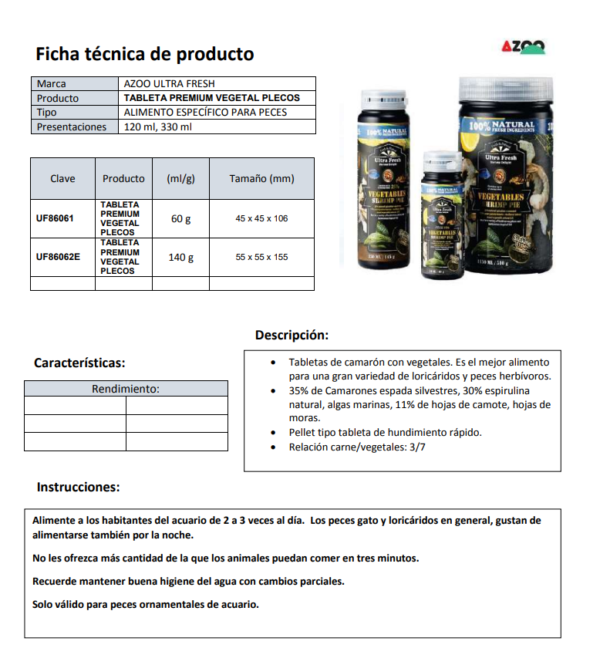 Tableta Premium Vegetal Plecos AZOO 120 ml - Imagen 2
